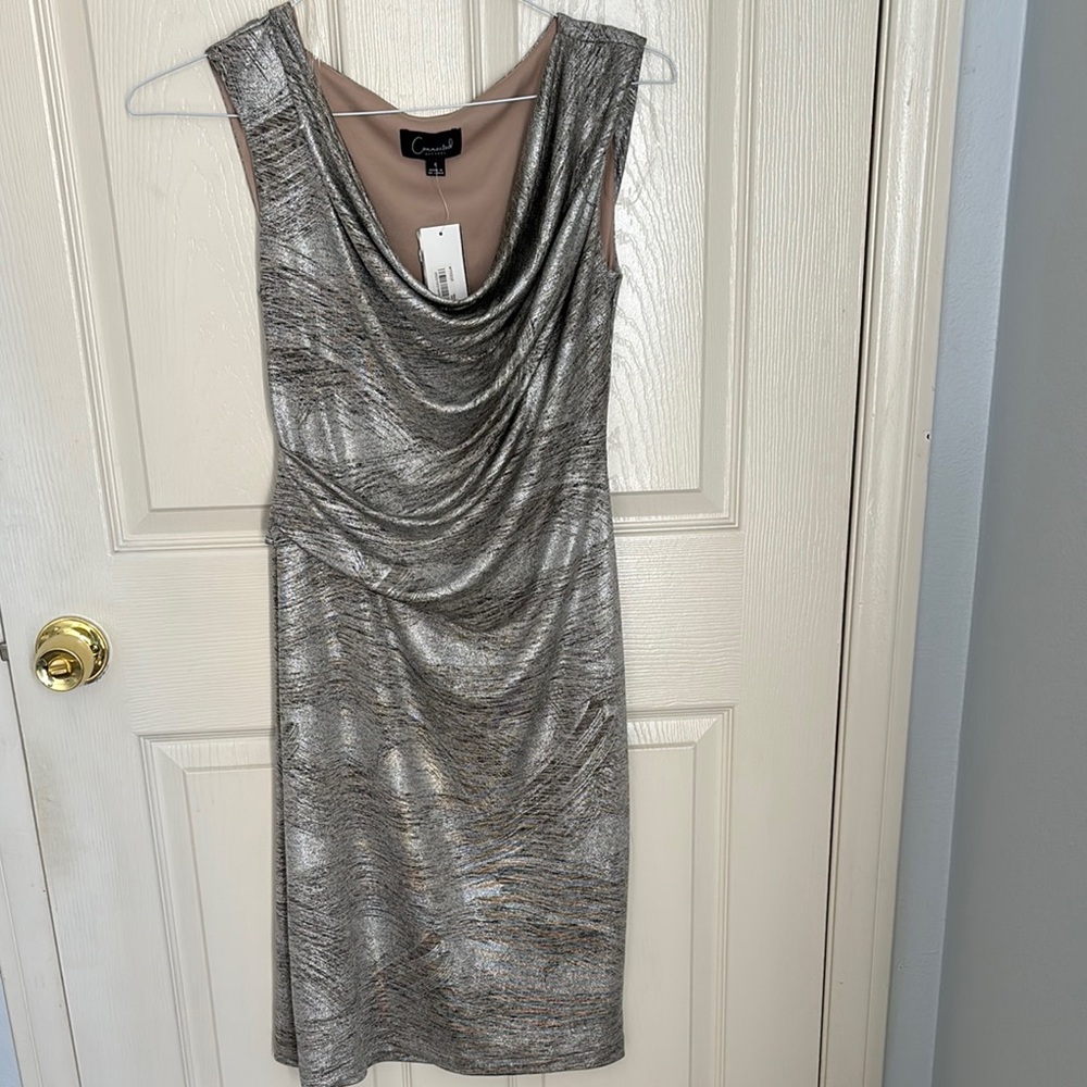 Connected Apparel Silver Cowl Neck Midi Dress